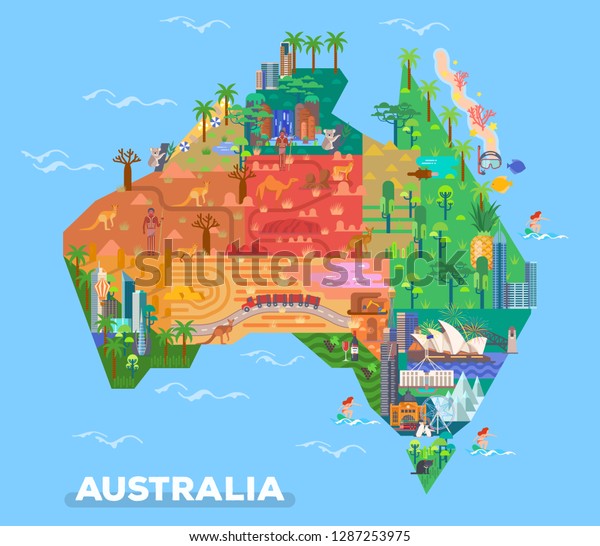 オーストラリアの地図と キャンベラ州メルボルン ブロークンヒルズとアデレードのランドマーク のベクター画像素材 ロイヤリティフリー