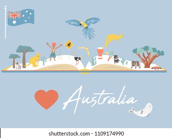 Map of Australia with landmarks and wildlife. I love Australia concept. Kangaroo, wombat, parrot, tasmanian devil, ostrich, platypus, aboriginal. Suitable for blogs, media, tourist designs