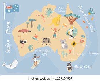 Map Australia Landmarks Wildlife Travel Cards Stock Vector (Royalty ...