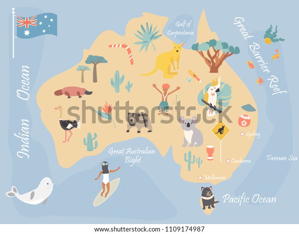 Map Australia Landmarks Wildlife Travel Cards Stock Vector (Royalty ...