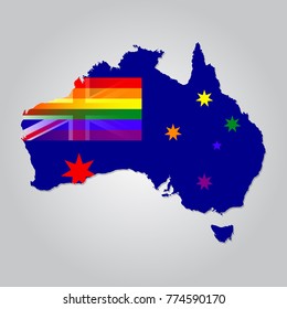 Map of Australia with LGBT flag rainbow colors stylized design. Same sex marriage passed the Australian Parliament