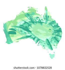 map of Australia with a light green paint texture with dark green and light green spots. Green watercolor background.