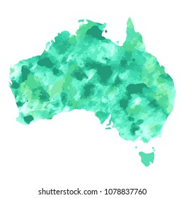 map of Australia with a light green paint texture with dark green and light green spots. Green watercolor background.