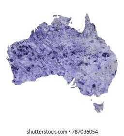 map of Australia with lilac texture of paint with dark lilac and light lilac spots. Violet background. Watercolor. 