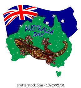 Map of Australia with lizards and flag isolated on white background. Australian continent.Australia day.Naidoc week. Union jack. Reconciliation Day.Travel to australia poster.Stock vector illustration