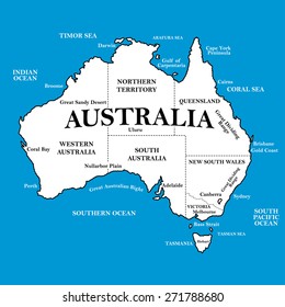 Map of Australia with locations on a blue background .