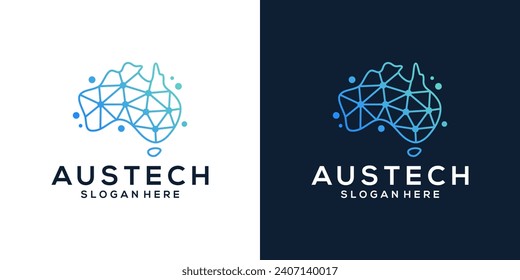 Map of australia logo design template with abstract dot, molecule and network Internet system logo design graphic vector. Symbol, icon, creative.