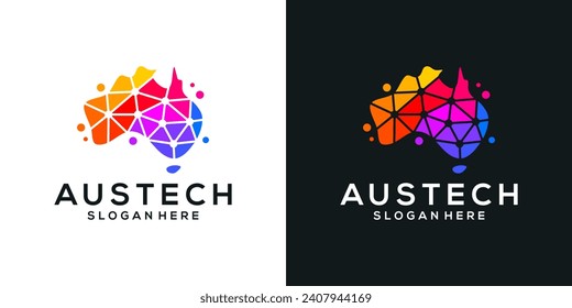 Map of australia logo design template with abstract dot, molecule and network Internet system logo design graphic vector. Symbol, icon, creative.