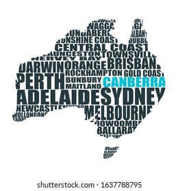 Map of Australia made from cities list. Word cloud collage. Business and travel concept background.