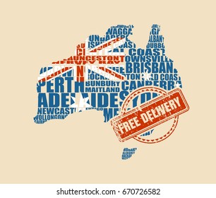Map of Australia made from cities list. Textured by national flag. Vector illustration. Free delivery stamp