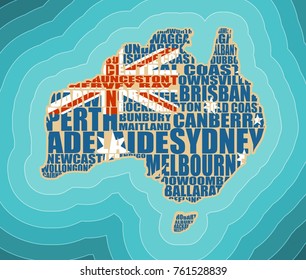 Map of Australia made from cities list textured by national flag. Blue and bright turquoise sea, yellow sand background