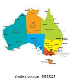 Map Of Australia with major Towns and Cities- Each state in its own group
