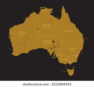 Mapa da Austrália em Mono Cor Ouro no fundo preto, ilustração vetorial isolado, eps