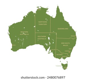 Map of Australia in Mono Color Green, vector illustration isolated on white background, eps