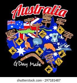 Map of Australia with national flag and animal, tourist icons.