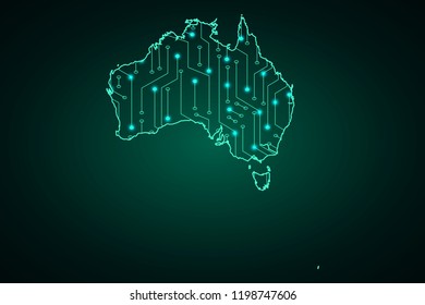 Map of Australia, network line, design sphere, dot and structure on dark background with Map Australia, Circuit board. Vector illustration. Eps 10
