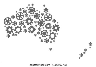 Map of Australia and New Zealand designed with gray wheel symbols. Vector abstract mosaic of map of Australia and New Zealand with mechanics symbols. Engineering flat design for service illustrations.