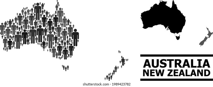 Map of Australia and New Zealand for national proclamations. Vector population mosaic. Concept map of Australia and New Zealand constructed of people elements.