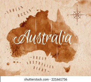 Map of Australia in old style, brown graphics in a retro style