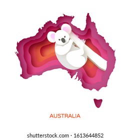 Map of Australia in paper cut style. Young koala. Australian bear. Eucalyptus or gum tree. Orange pink layered world.