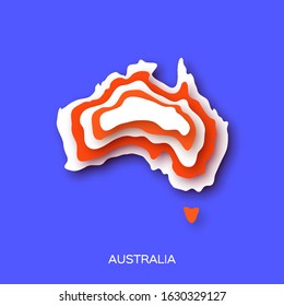 Map of Australia in paper cut style. White orange layered world on blue.