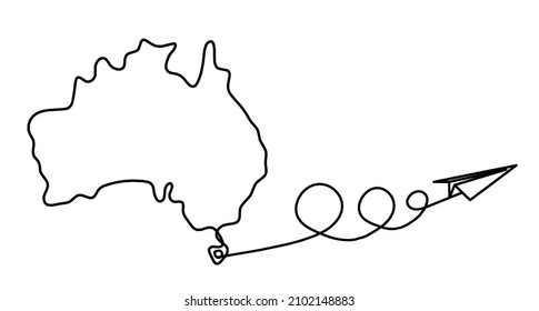 Map of Australia with paper plane as line drawing on white background. Vector