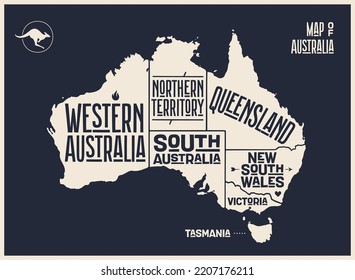 Map Australia. Poster map of Australia. Print of Australia, administrative map with states, regions. Hand-drawn graphic map with states for t-shirt, flag. Vector Illustration