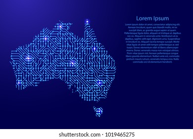 Map Australia from printed board, chip and radio component with blue star space on the contour for banner, poster, greeting card, of vector illustration.