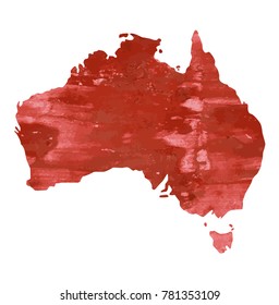 map of Australia with a red brown paint texture with light brown spots. red watercolor vector background.