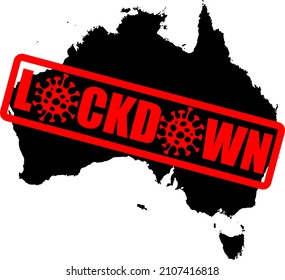 Map of Australia with a red LOCKDOWN badge as consequence  of strict coronavirus precautions