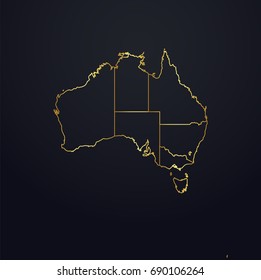 map of Australia. Australia region map: golden gradient outline on dark background. Detailed map of Australia regions. Vector illustration.