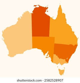 Map of Australia with regions. Just a simple country border map with region division. Orange color palette. Blank Australia shape with administrative division. Vector illustration.