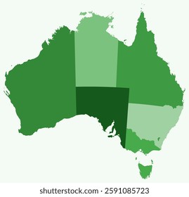 Map of Australia with regions. A simple country border map with region division. Green color palette. Flat Australia shape with administrative division. Vector illustration.