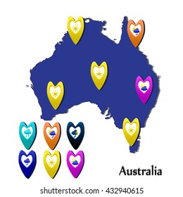 Map of Australia. Set of signs with weather in the regions of the island. Vector illustration