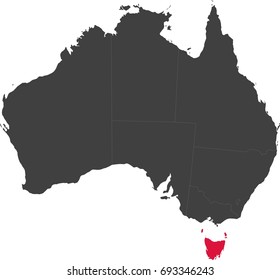 Map of Australia split into individual states. Highlighted state of Tasmania.