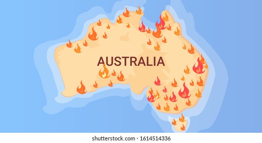 map of Australia with symbols of bushfires seasonal wildfires dry woods burning global warming natural disaster concept flat horizontal vector illustration