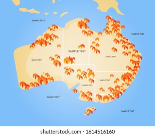 map of Australia with symbols of bushfires seasonal wildfires dry woods burning global warming natural disaster concept flat vector illustration