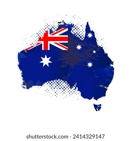 Map of Australia with textured grunge flag and dots. Silhouette of Australian map with national flag. Vector illustration