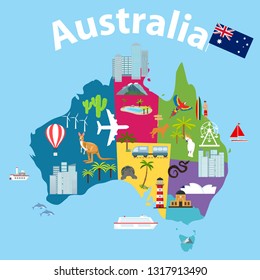 Map of Australia, tourist map of Australia. Cartoon map of Australia with animals and landmarks.