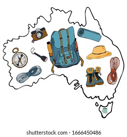 Mapa de Australia e iconos de viaje. Mapa de viajes de Australia. Ilustración vectorial. Juego de aparejos de acampada . para obtener más información. Campo de verano. Para el diseño de carteles, carteles, pegatinas.