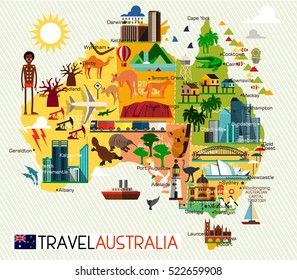 Map of the Australia and Travel Icons.  Australia Travel Map. Vector Illustration.