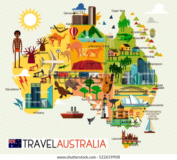 オーストラリアと旅行のアイコンの地図 オーストラリアの旅行地図 ベクターイラスト のベクター画像素材 ロイヤリティフリー 522659908