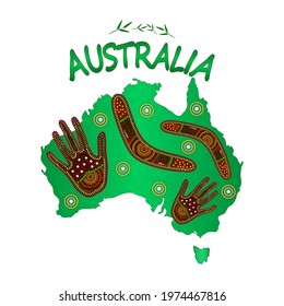 Map of Australia with two hand and boomerang. Australian continent. Australia Aboriginal day. Naidoc week. Union jack. Reconciliation Day. Travel to australia poster design. Stock vector illustration