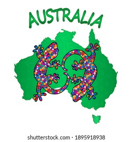 Map Of Australia With Two Lizards Isolated On White Background. Australian Continent. Australia Aboriginal Day. Naidoc Week. Union Jack. Reconciliation Day. Travel To Australia. Vector Illustration