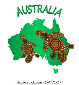 Map of Australia with two platypus isolated on white background.Australian continent.Australia day.Naidoc week. Union jack. Reconciliation Day.Travel to australia poster.Vector illustration