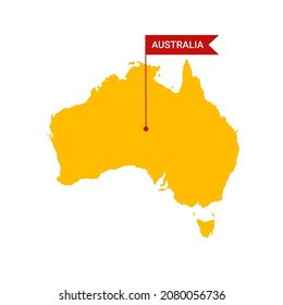 Map of Australia with word Australia on a flag-shaped marker. Vector isolated on white.