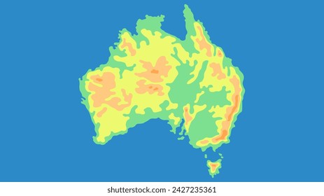 Map of Australia in yellow and green colors on a blue background.