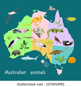 Map of  Australian continent with cute cartoon animals.Funny cartoon mammals, reptiles, birds inhabiting Australia.The main symbols of the country. Vector illustration in flat style.