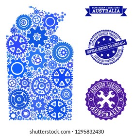 Map of Australian Northern Territory formed with blue engine symbols, and isolated grunge seals for official repair services.