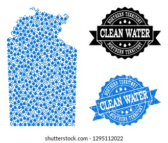 Map of Australian Northern Territory vector mosaic and clean water grunge stamp. Map of Australian Northern Territory created with blue aqua drops.
